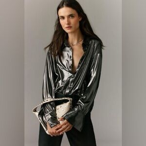By Anthropologie Metallic Gunmetal Blouse - XS